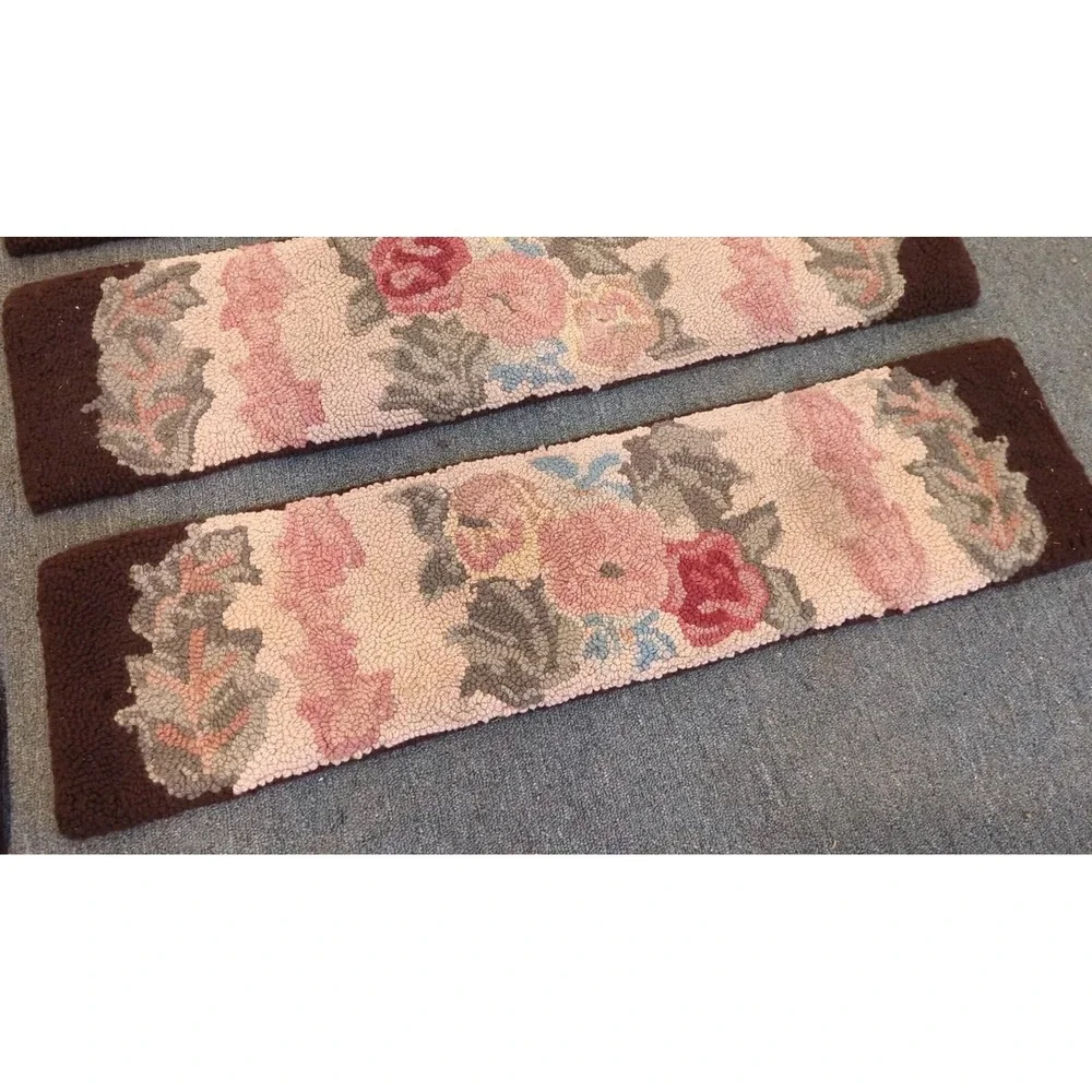 10 Antique Primitive Country Handmade Hook Wool Hooked‎ Stair Treads Floral Rug